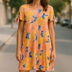 Caribbean Joe - Tropical Floral Pattern, Short Sleeve W/ Tie Accent, Size Medium